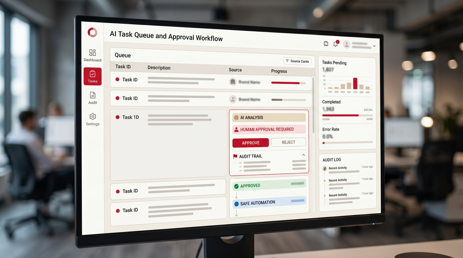 AI agent command center with human approval queue and audit logs