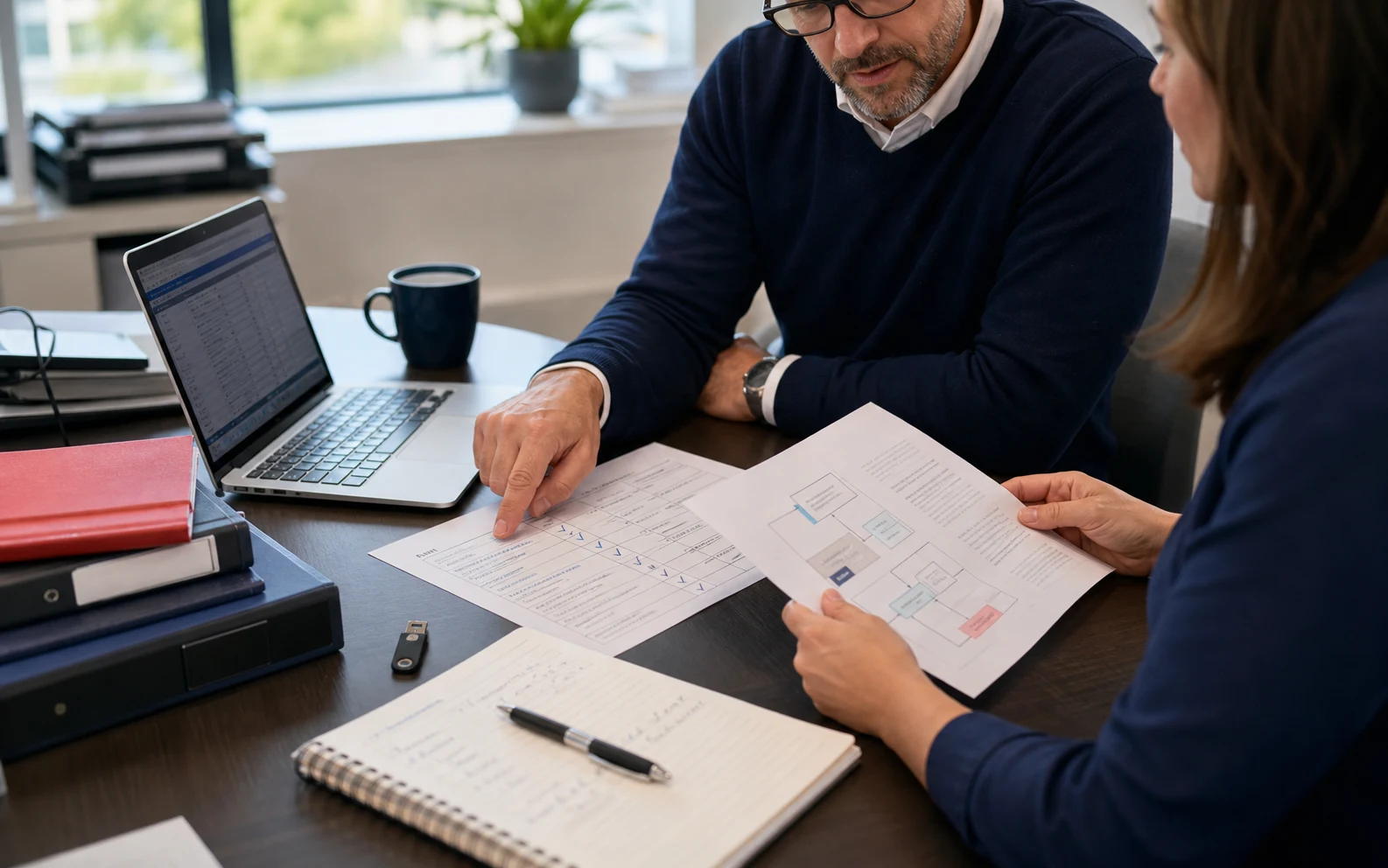 Colleagues checking system access, process exceptions, and source documents