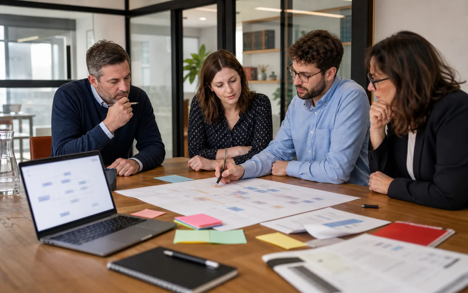 A business team reviewing a workflow map before an AI rollout