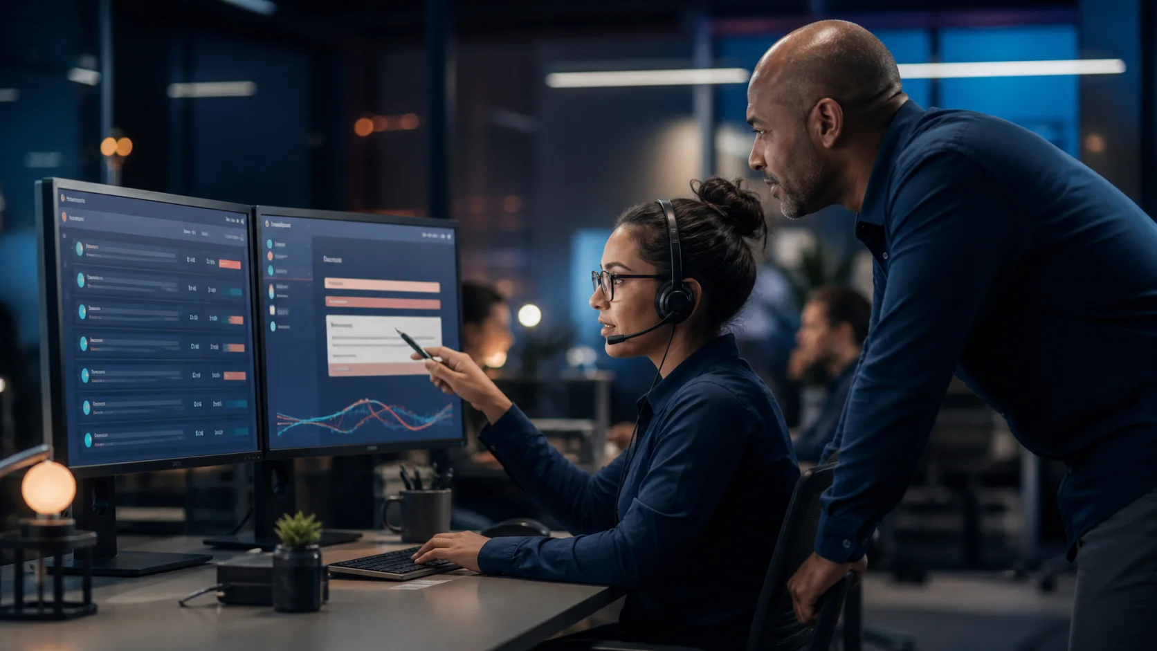 Customer support agent and team lead reviewing an AI-assisted support queue