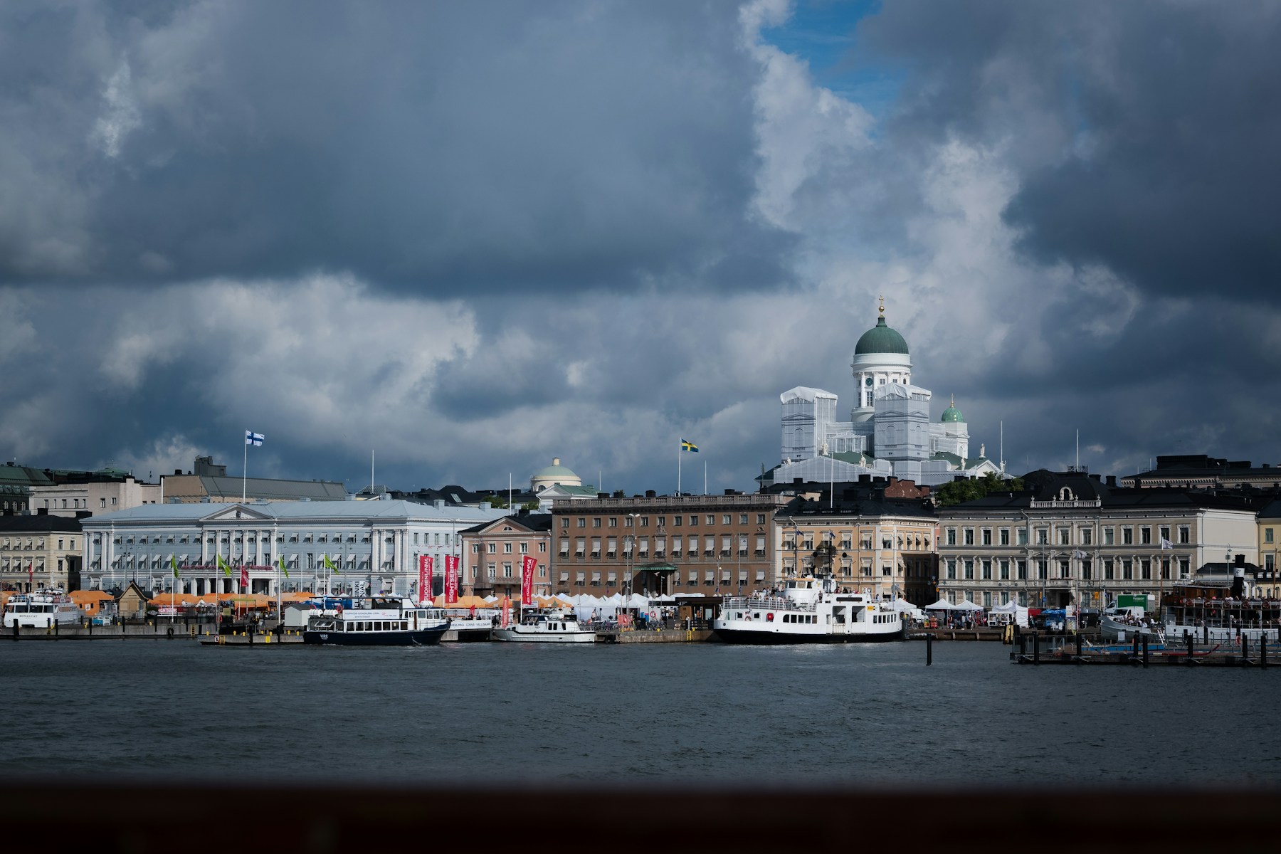 Helsinki waterfront and cathedral photographed across the harbor