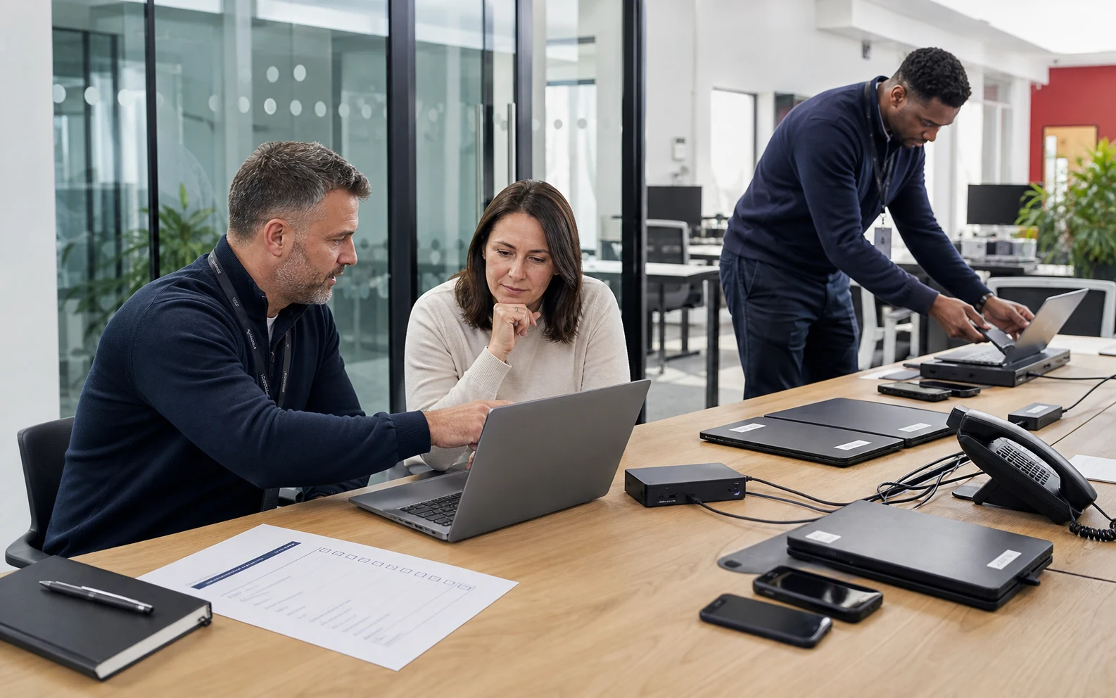 IT support team preparing business laptops and reviewing an onboarding checklist