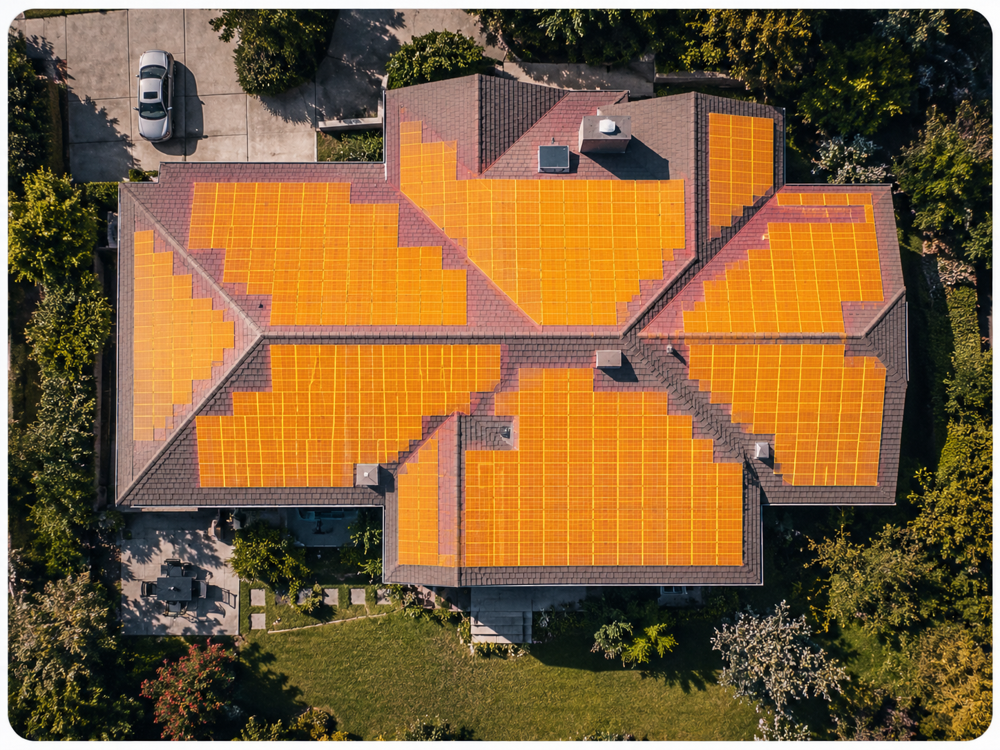 Solar panel array layout preview over a large residential roof