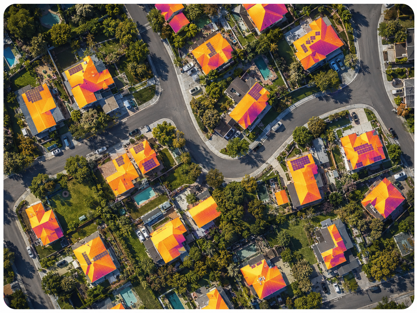 Neighborhood satellite solar potential map with roof heat overlays and suggested panel placements